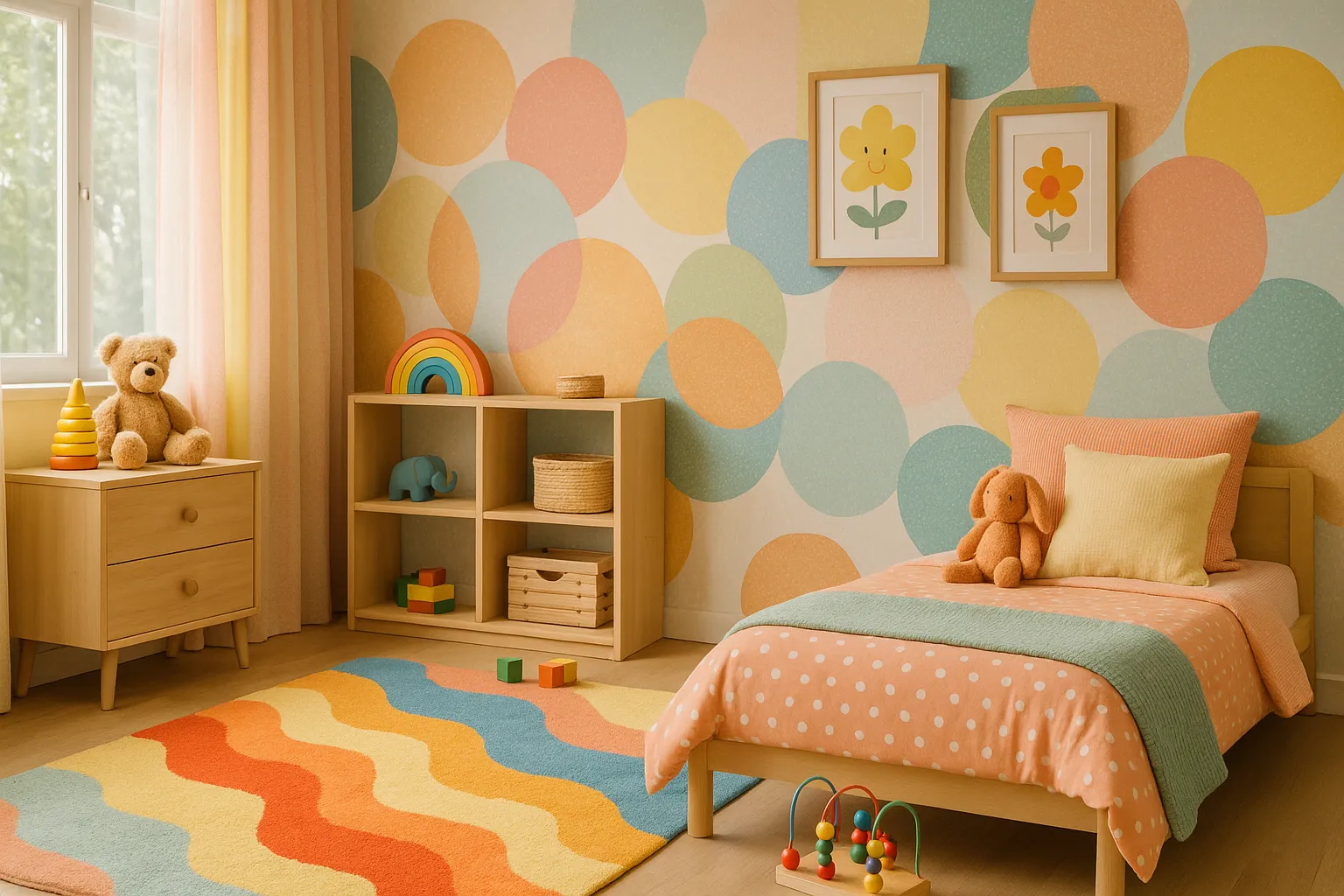 Kinderzimmer mit Pastellfarben und lebendigen Mustern an den Vorhängen