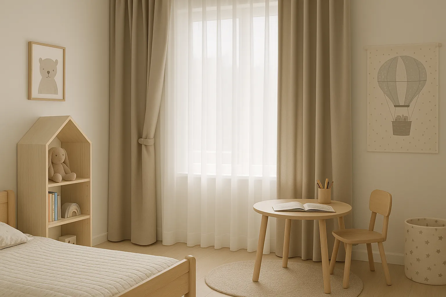 Kinderzimmer mit kindgerechten Gardinen, die Tageslicht filtern und für Sicherheit sorgen