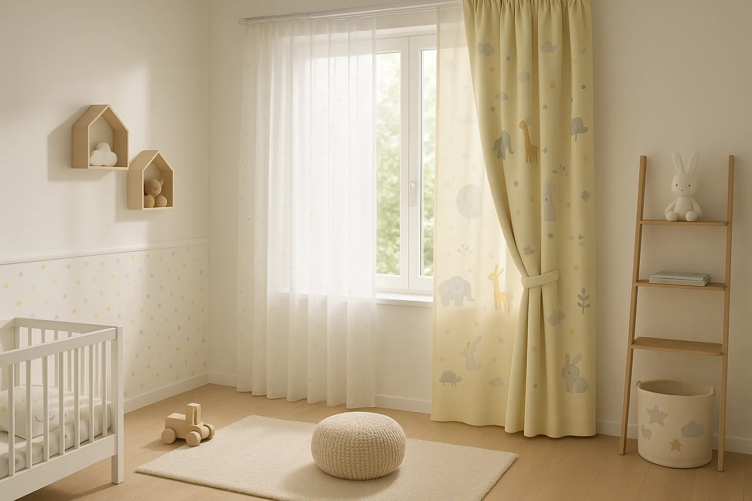 Kinderzimmer mit sicheren und funktionalen Gardinen für Tageslicht und Verdunklung