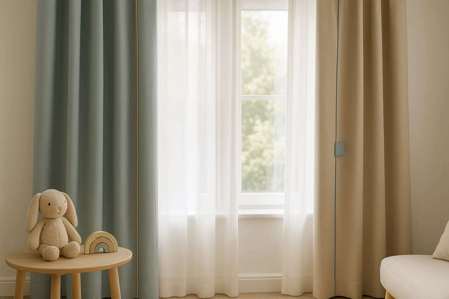 Kinderzimmer mit funktionalen und sicheren Gardinen, die Tageslicht filtern und Raumgestaltung unterstützen