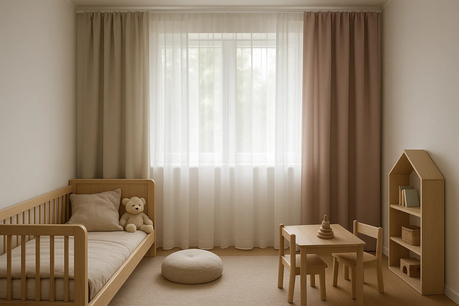 Kinderzimmerfenster mit kindgerechten Gardinen aus transparenten und verdunkelnden Stoffen, die eine sichere und funktionale Fensterdekoration bieten