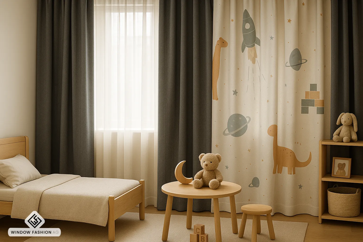 Kindgerechtes Kinderzimmer mit funktionalen Gardinen für Tageslicht und Abdunkelung