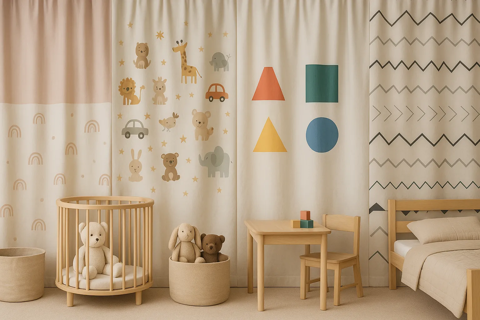 Kombination aus neutraler Grundgardine und buntem Motiv-Panel im Kinderzimmer