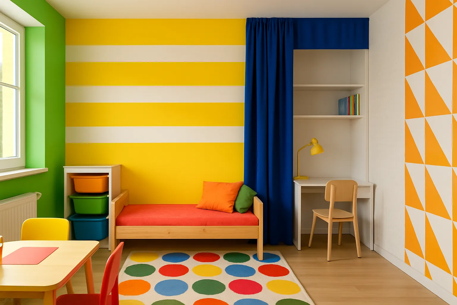 Kräftige Vorhänge mit geometrischen Mustern zonieren ein modernes Kinderzimmer