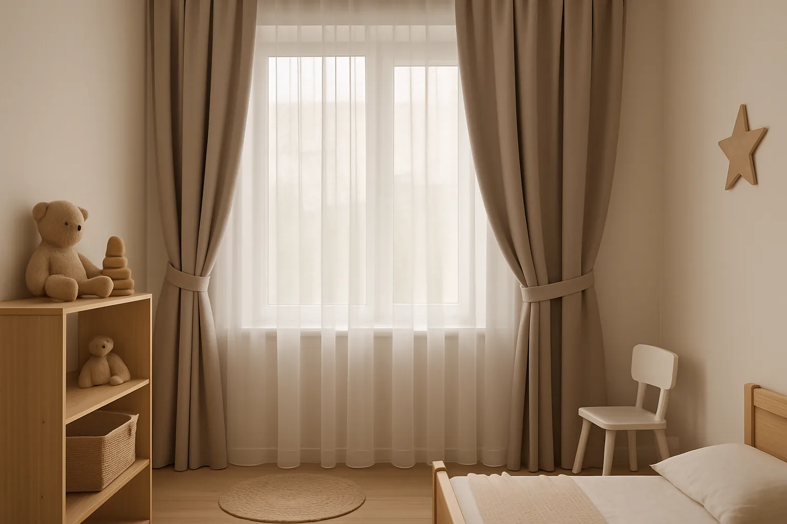 Kinderzimmer mit kindgerechter Fensterdekoration aus transparenten und verdunkelnden Gardinen, die Licht und Sicherheit optimal steuern.