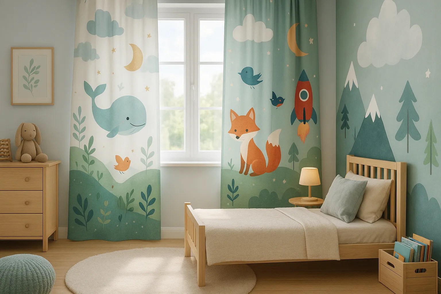 Vorhänge mit Sternen und Naturmotiven in sanften Farben im Kinderzimmer